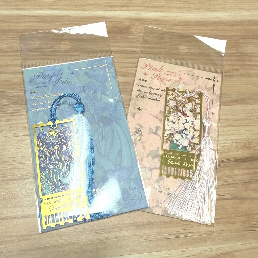 Van Gogh Metal Bookmark Set Purple‎ Iris Pink Rose Floral Tassel Art 2pc NEW